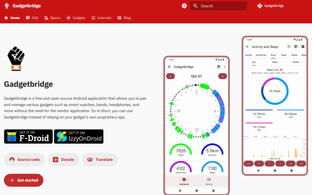 Gadgetbridge homepage showing open-source wearable companion