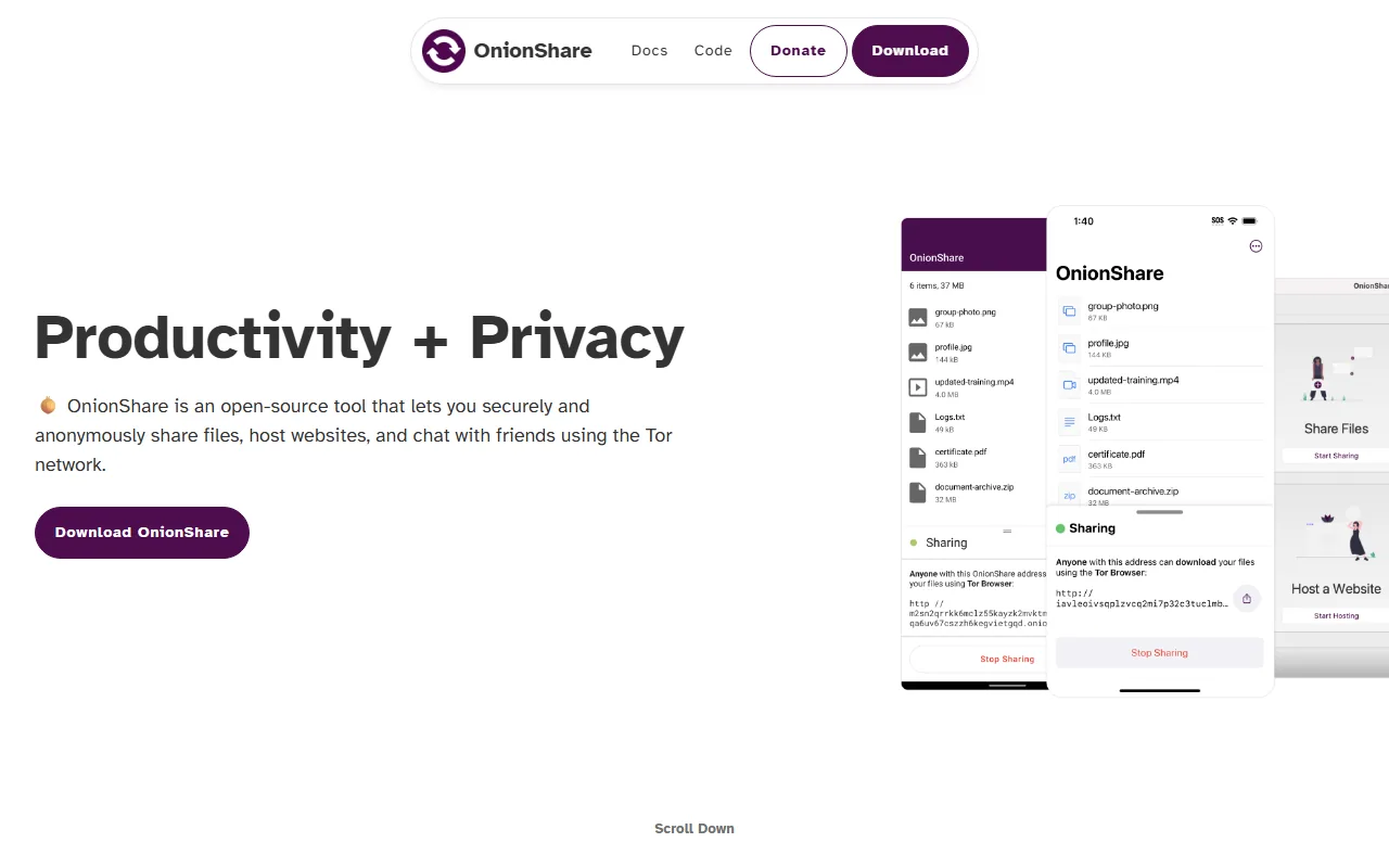 OnionShare homepage showing secure file sharing over Tor