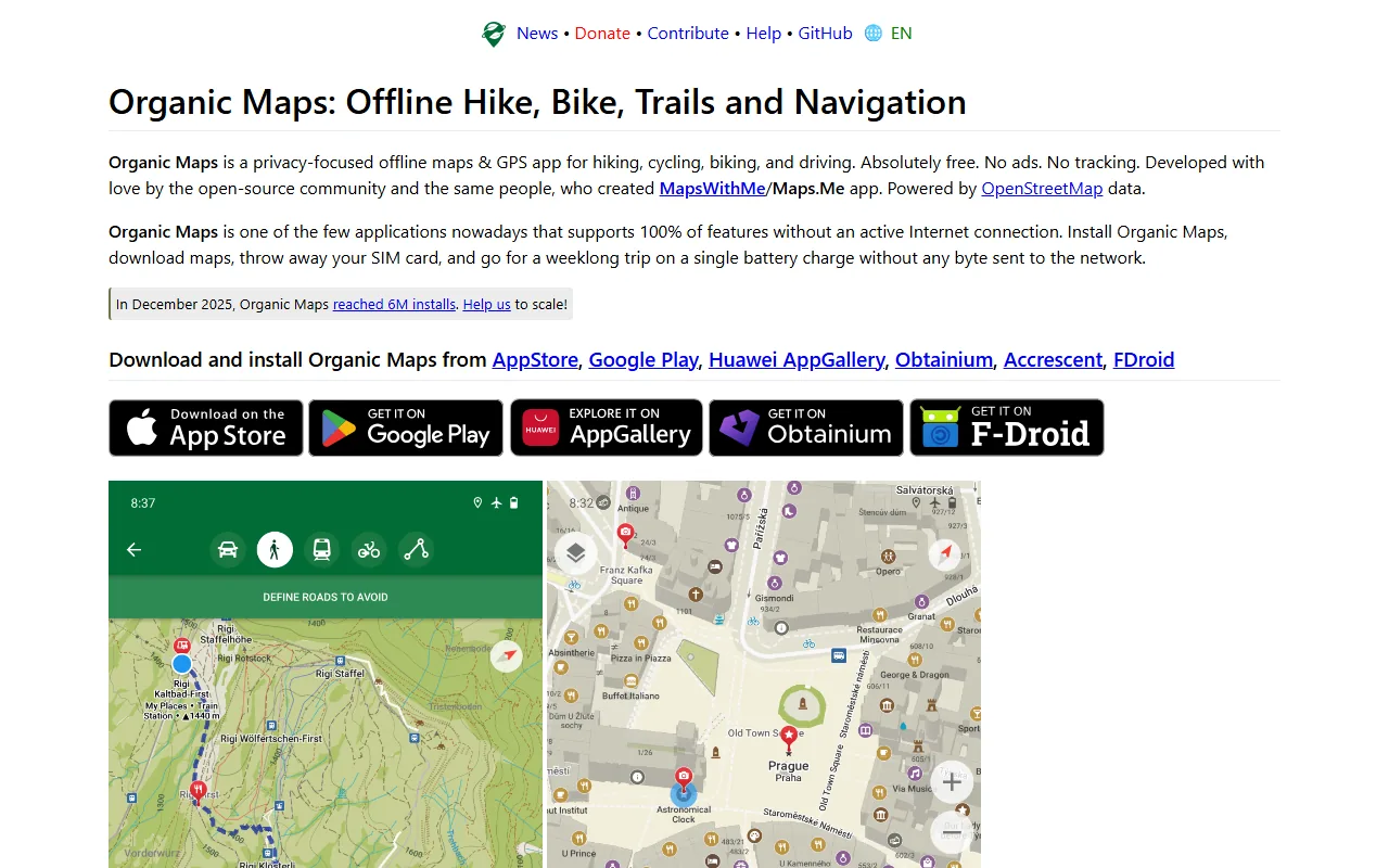 Organic Maps homepage showing offline privacy-focused maps