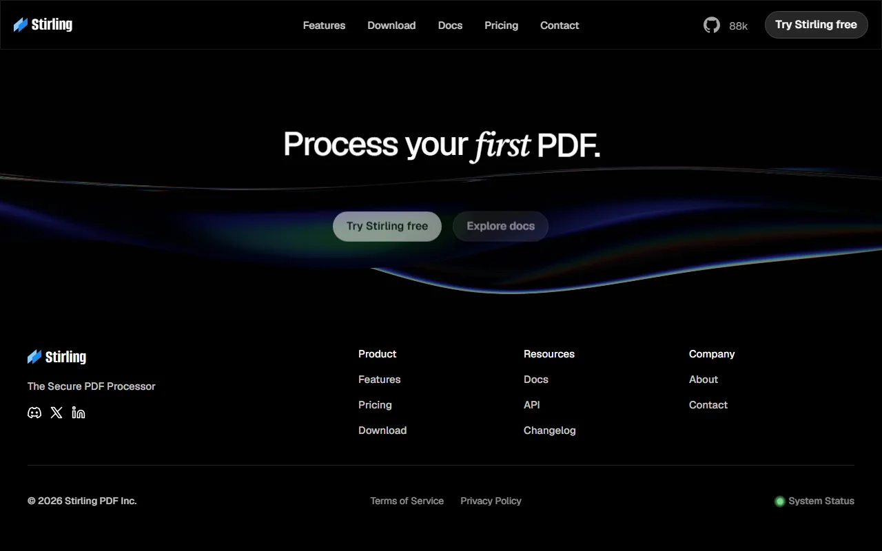 Stirling PDF homepage showing self-hosted PDF toolkit